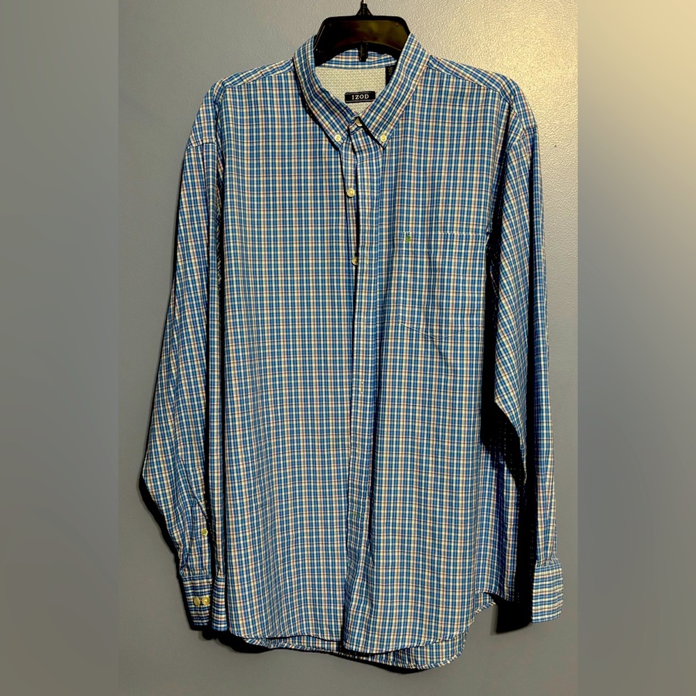 IZOD Men's Blue Plaid Shirt XL EUC Perfect for Easter! soft pink color mixed in!
